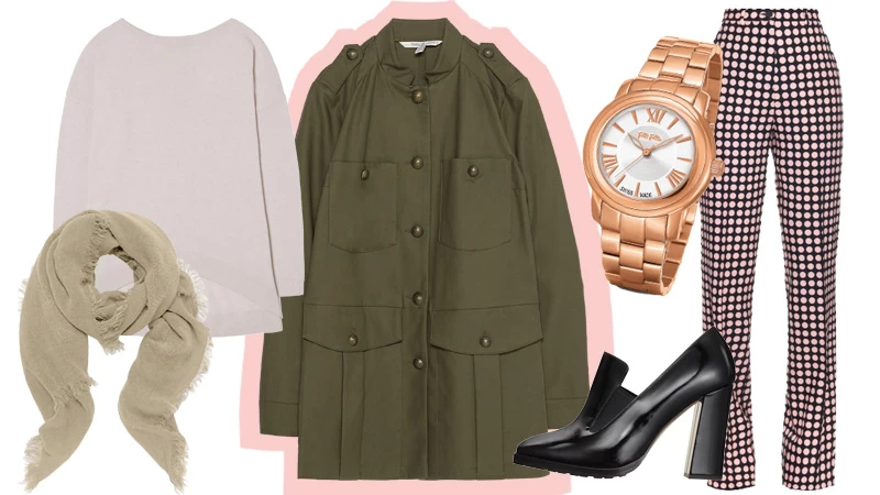 Εμπριμέ παντελόνα Bottega Venetta (www.matchesfashion.com) , Ρολόι Folli Follie, Γόβα Max Mara (Max Mara Boutique), Φουλάρι Penny Black (Linea Imports ), Τοπ Sisley, Jacket Zara