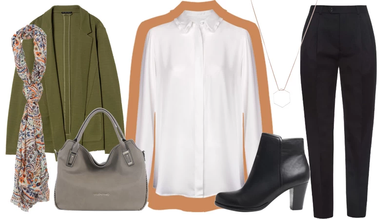 Κολιέ Accessorize, Λευκό πουκάμισο Mango , Εμπριμέ φουλάρι Marks & Spencer, Μποτάκι Migato, Παντελόνι σε ίσια γραμμή Saint Laurent (Luisa), Σακάκι Sisley, Τσάντα Valentino (Linea Imports)