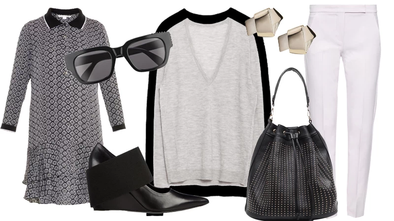Πλατφόρμα Balenciaga (Balenciaga Boutique), Φόρεμα Diane Von Furstenberg (Diane Von Furstenberg Boutique), Σκουλαρίκια Salvatore Ferragamo (Salvatore Ferragamo Boutique), Γυαλιά Marc by Marc Jacobs (Safilo Hellas ), Παντελόνι σε ίσια γραμμή Max Mara (Max Mara Boutique), Τσάντα Migato, Μάλλινο τοπ Zara