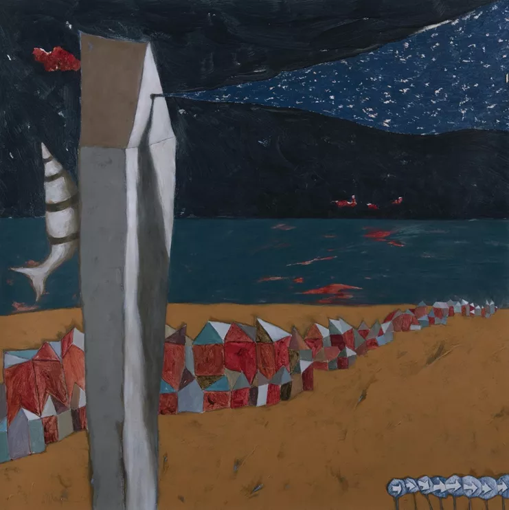 «Θερινή προβολή σε λουτρόπολη», 2020, Ακρυλικό σε καμβά, 72Χ72εκ.