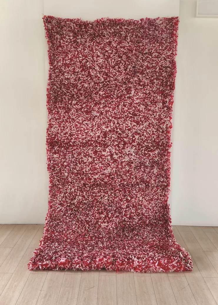 Άτιτλο, Πλέξη Ασπροκόκκινης απαγορευτικής ταινίας με κόμπους σε σύρμα, 300x150εκ., 2022