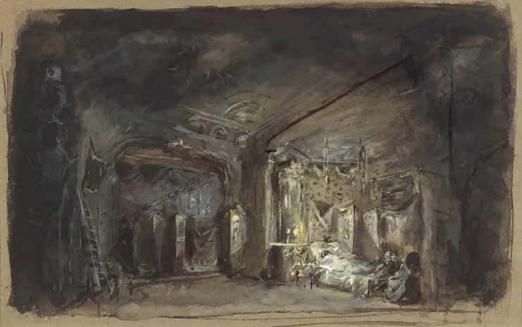 Το υπνοδωμάτιο της Βιολέτας Βαλερύ. Το σκηνικό της Γ’ Πράξης από την Τραβιάτα του Βέρντι σε σκηνοθεσία Λουκίνο Βισκόντι με τη Μαρία Κάλλας.  Σκάλα του Μιλάνου 1955. Γκουάς σε χαρτί 25 Χ 40 εκ.