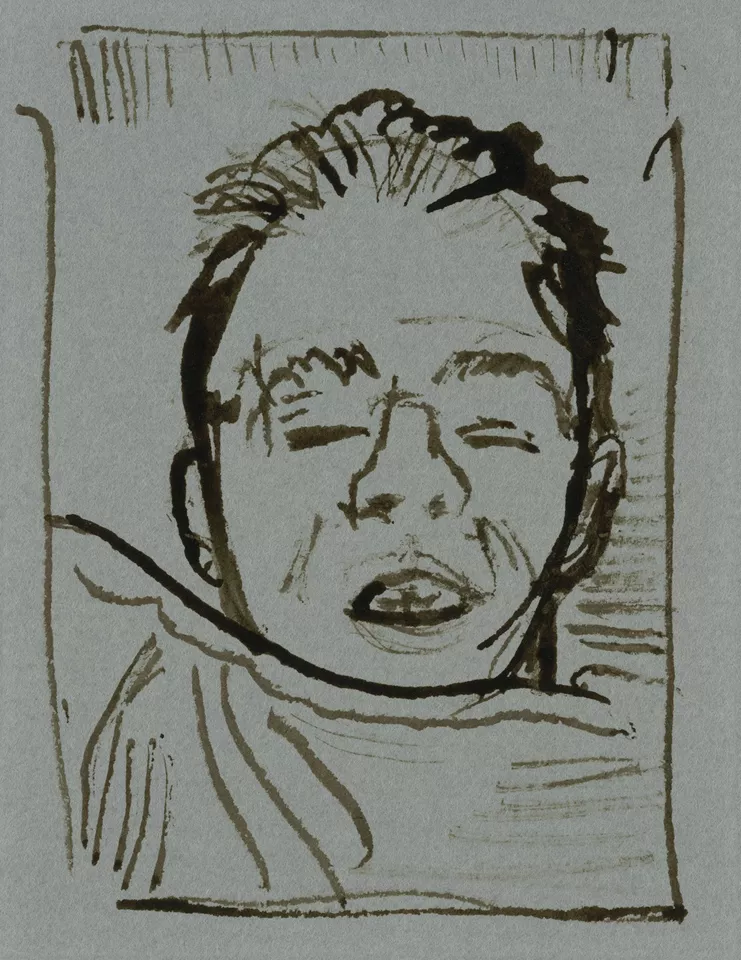 Steven Shearer, Napper, 2019. Ink on paper, 3 1⁄4 x 2 1⁄2 inches (8.3 x 6.4 cm) © Steven Shearer / Courtesy Galerie Eva Presenhuber and David Zwirner Gallery