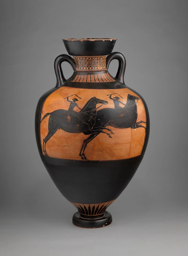 Αττικός μελανόμορφος παναθηναϊκός αμφορέας με παράσταση Αθηνάς Προμάχου και ιπποδρομίας. Αποδίδεται στον ζωγράφο του Ευχαρίδη. Γύρω στο 490 π.Χ.