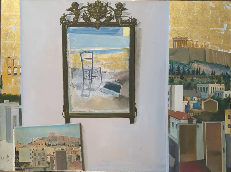 Βασιλείου Σπύρος (Γαλαξείδι 1903-Αθήνα 1985), Ο μικρόκοσμος της οδού Γουέμπστερ 1975. Ακρυλικό και φύλλο χρυσού σε μουσαμά Διαστάσεις έργου: 97 x 130 εκ. Διαστάσεις έργου ΕΝ: 97 x 130 cm. Διαστάσεις με πλαίσιο: 99,5 x 132,5 x 3,5 εκ. Δωρεά του καλλιτέχνη Π.5719