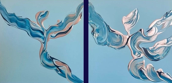 Yiannis Kaminis, Icarus and Daedalus, 40x40cm x2, Ακρυλικά σε καμβά.