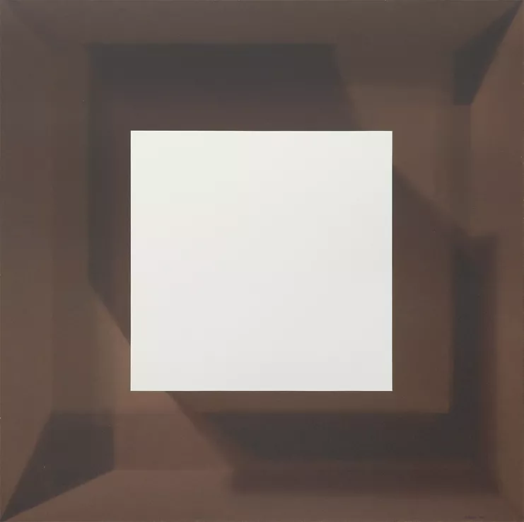 Samia Halaby, &quot;White Cube in Brown Cube&quot;, 1969, λάδι σε καμβά, 122 x 122 εκ. Συλλογή Barjeel Art Foundation, Sharjah