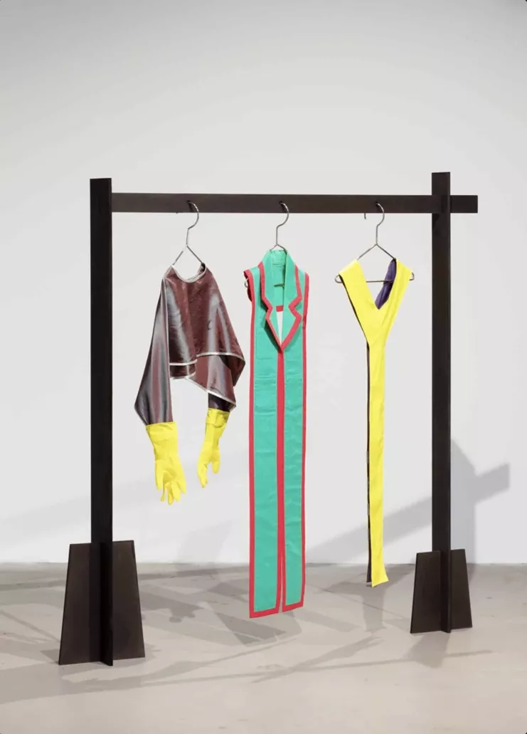 Hannah Toticki. Installation view (left to right): Shawl for Double Shift no.1, 2016; Trading Jacket for Believers, 2016; Prayers Protection, 2016. Courtesy of the artist Photo: David Stjernholm