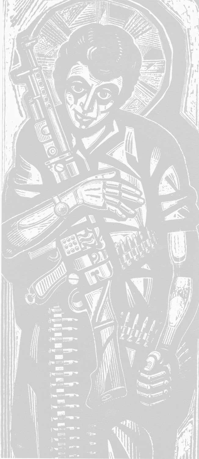 Α. Τάσσος, &quot;Ο Συνταγματάρχης Σπύρος Μουστακλής&quot;, 1974, μελανωμένη πλάκα ξυλογραφίας, 128 x 52 x 2 εκ., Συλλογή Χριστίνας Μουστακλή