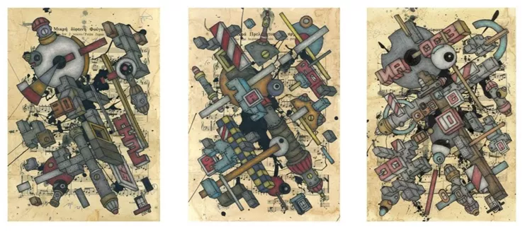 &quot;Χωρίς Τίτλο (Τρίπτυχο)”, Μάριος Φούρναρης. Διαστάσεις: 201cm x 150cm x 30cm. Υλικό: Ξύλο, pvc, ρητινούχο τσιμεντοκονίαμα, στάχυα. Χρονολογία: 2025