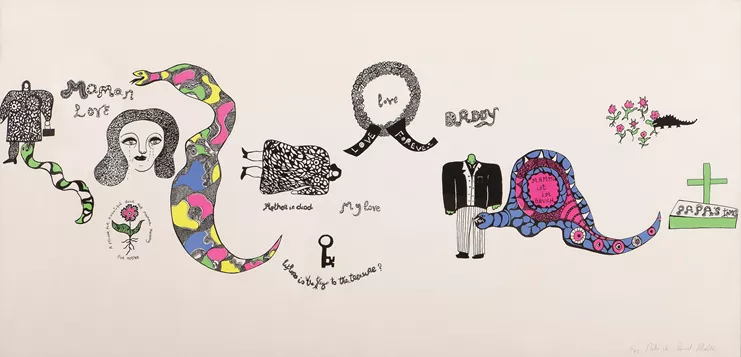 Niki de Saint Phalle, &quot;Η μητέρα είναι νεκρή / Μαμά αγάπη&quot;, 1968. Μεταξοτυπία σε χαρτί offset-super-bütten, από τη σειρά 6 τυπωμάτων για το θεατρικό έργο ICH, όπου η Niki de Saint Phalle χρησιμοποίησε τα πρωτότυπα σχέδια ως στοιχείο οπτικής αφήγησης. 60x123 εκ. Δωρεά Γιώργου Κητή. ΜΟΜus-Μουσείο Σύγχρονης Τέχνης