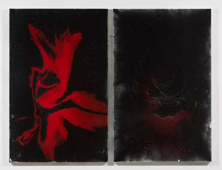 Helen Marden, Title to be confirmed, 2023. Resin, powdered paint on linen, in two parts Overall: 50 x 65 1/2 x 2 inches (127 x 166.4 x 5.1 cm) © 2023 Helen Marden/Artists Rights Society (ARS), New York