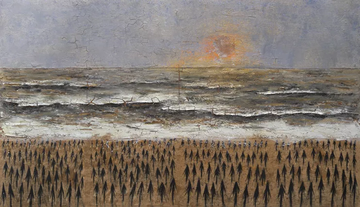 χωρίς τίτλο, ακρυλικά, λάδια, πηλός, πριονίδι, κάρβουνο πάνω σε κόντρα πλακέ, 180 x 320 εκ.