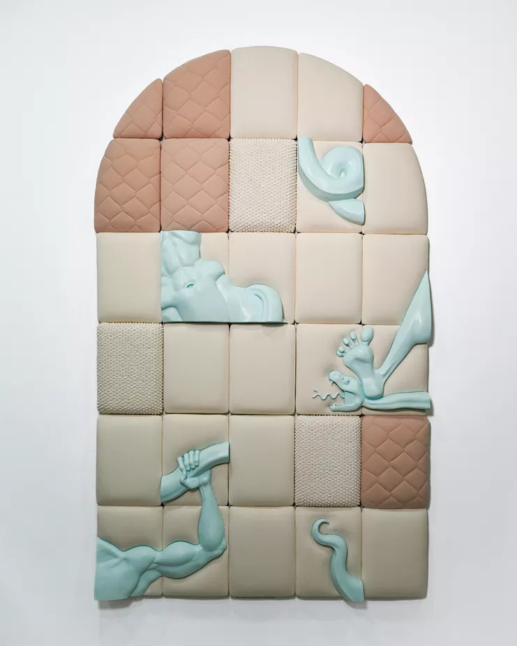 Ally Rosenberg, "You Used to Fight My Nightmare Villains". Jesmonite, cotton crepe, foam, wadding, OSB board, paint 130 x 80 x 40 cm, 2023