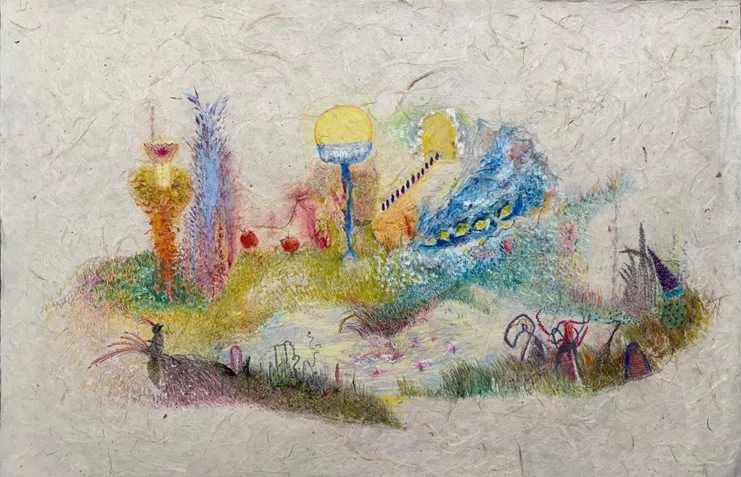 Valentina Bartolini, &quot;Favourite time of the day&quot;, 2025, Colour pencils and oil pastels, handmade paper from Thailand, 50 × 76 cm, Unique, Courtesy the artist and Callirrhoë, Athens