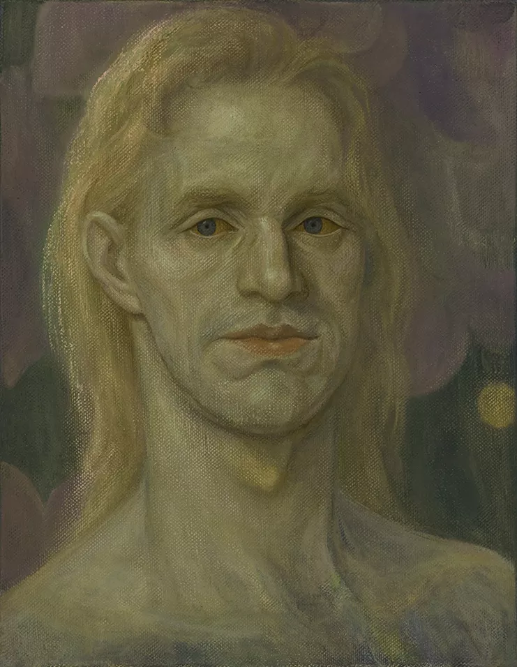 Steven Shearer, Manfred In Character, 2022. Oil on linen; artist&#39;s frame 25 1⁄4 x 21 1⁄4 inches (64.1 x 54 cm) © Steven Shearer / Courtesy Galerie Eva Presenhuber and David Zwirner Gallery