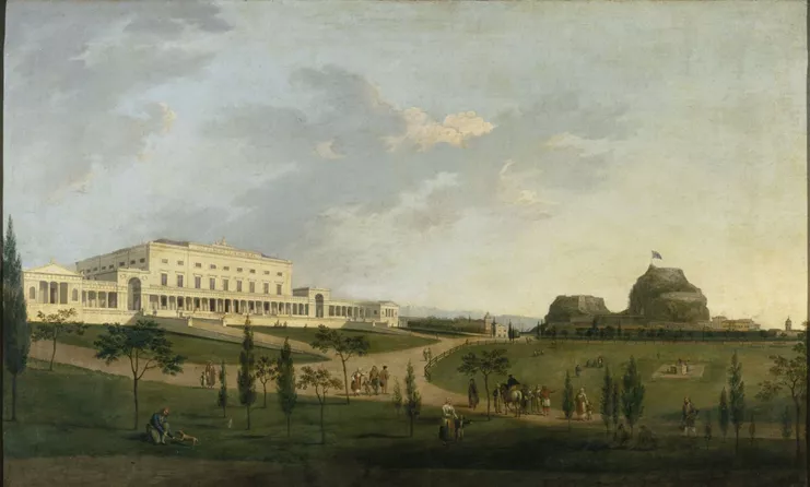 Joseph Schranz (1803–1862/6), «Tο ανάκτορο των Αγίων Μιχαήλ και Γεωργίου στην Κέρκυρα», Ελαιογραφία σε καμβά. Δάνειο από την Βρετανική Κυβερνητική Συλλογή (5213) Μουσείο Μπενάκη Ελληνικού Πολιτισμού