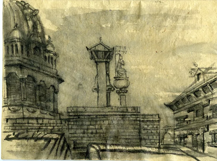 Νίκος Χατζηκυριάκος-Γκίκας, &quot;Πλατεία Ντουρμπάρ, Μπακταπούρ, Νεπάλ&quot;, προσχέδιο 1958. Μελάνι σε χαρτί, Νεπάλ. Μουσείο Μπενάκη, ΠΧΓ4439