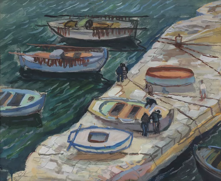 Περικλής Βυζάντιος, &quot;Ο μόλος της Ύδρας&quot;, 1954, Gouache, 37x45εκ. Ιδιωτική Συλλογή