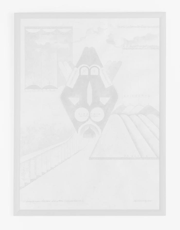 Alexandru Chira, &quot;De-sign for &#39;The Temple of Expectations&#39;&quot;, 1999. Pencil and colored pencil on paper 50 x 70 cm. Signed and dated. Courtesy of The Estate of Alexandru Chira and Fitzpatrick Gallery, Paris