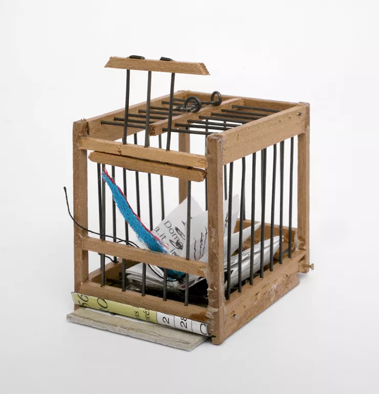 Elisabetta Gut, Libro ingabbiato (Book in a Cage),  2019  assemblage: wooden and iron cage, fabric, rope, paper, ink 5,3 x 3,4 x 5 cm