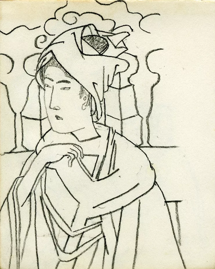 Νίκος Χατζηκυριάκος-Γκίκας, Αντίγραφo από χαρακτικό του Kitagawa Utamaro, περ. 1958-1961. Mολυβοκάρβουνο σε χαρτί. Μουσείο Μπενάκη, ΠΧΓ2390