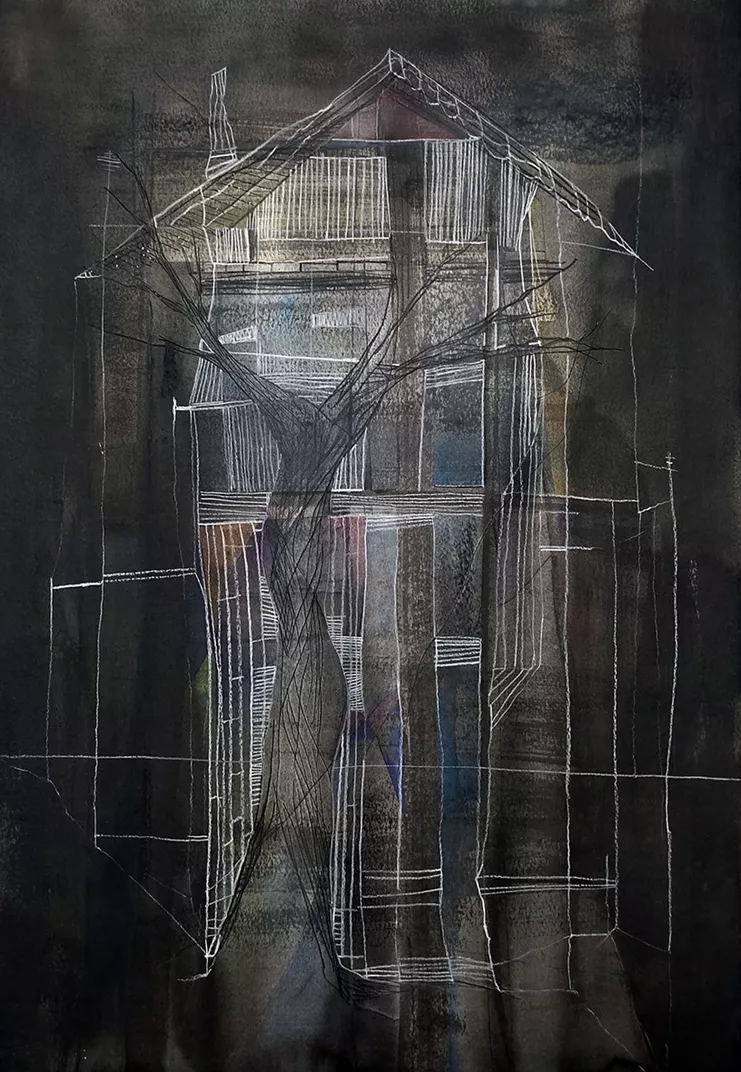 Ευγενία Γαλανοπούλου, «Το δέντρο με το σπίτι Ι». Ακουαρέλα, μελάνι, πενάκι 102x75 εκ.