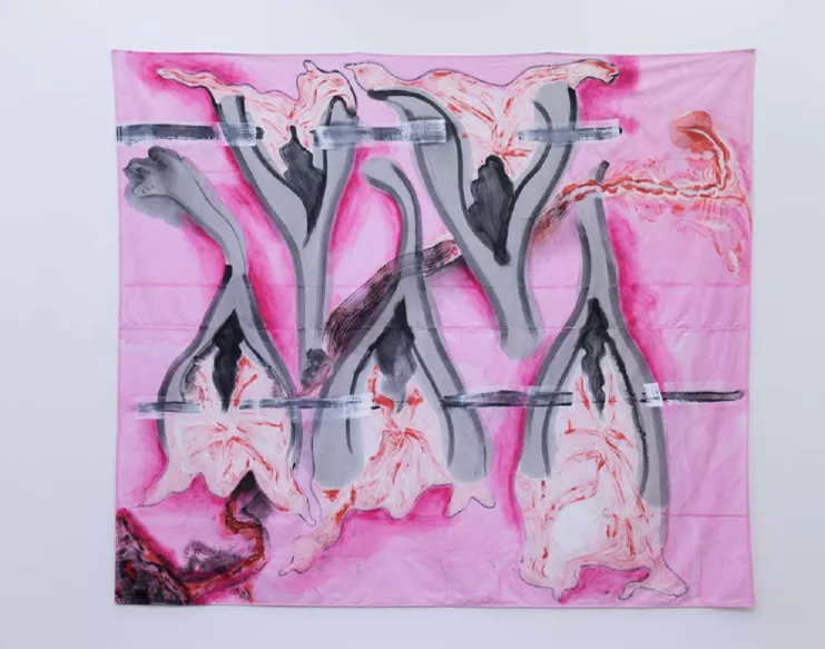 Sofia Stevi, "are we ever really in control?", ink and acrylics on cotton fabric, 300x350cm, 2017