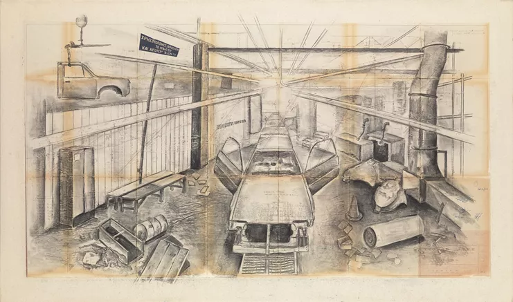 2019, κάρβουνο, κολάζ σε παλιό σχέδιο συναρμολόγησης εφαρμοσμένο σε καμβά, 90 x 154 εκ.