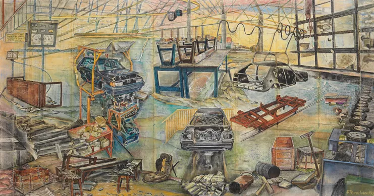 2024, κάρβουνο, χρωματιστό κάρβουνο, μελάνι, παστέλ, 99 x 189 εκ.