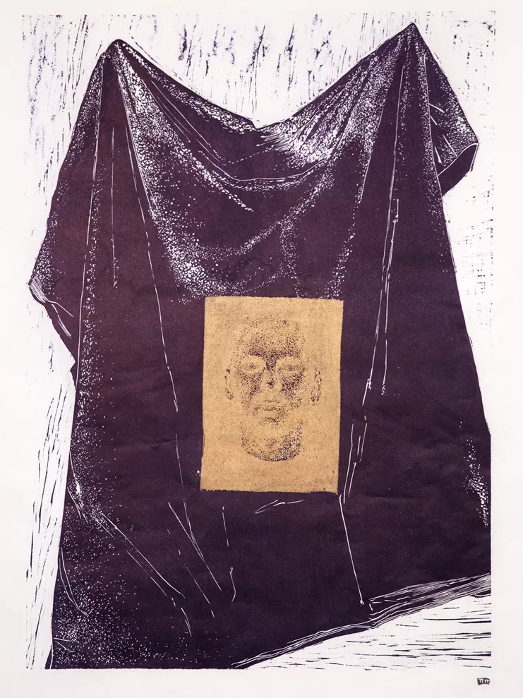 «Προσωπείο», 50 x 70cm, Έγχρωμη ξυλογραφία σε MDF, 2023 «Mask», 50 x 70cm, Color woodcut on MDF, 2023