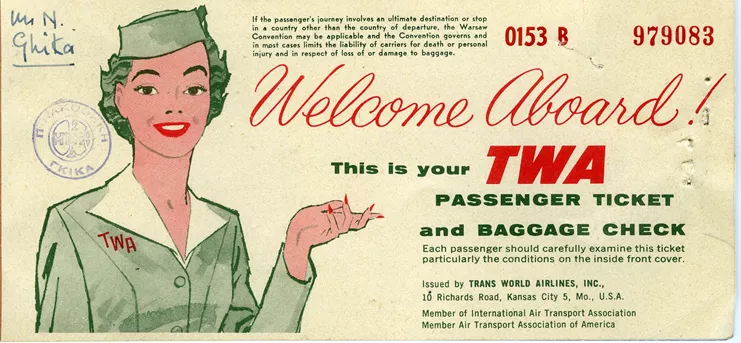 Εισιτήριo του Νίκου Χατζηκυριάκου-Γκίκα με την αεροπορική εταιρεία TWA, 1958. Μουσείο Μπενάκη, ΠΧΓΑ 45/171. Πάνω αριστερά αναγράφεται: Mr. N. Ghika