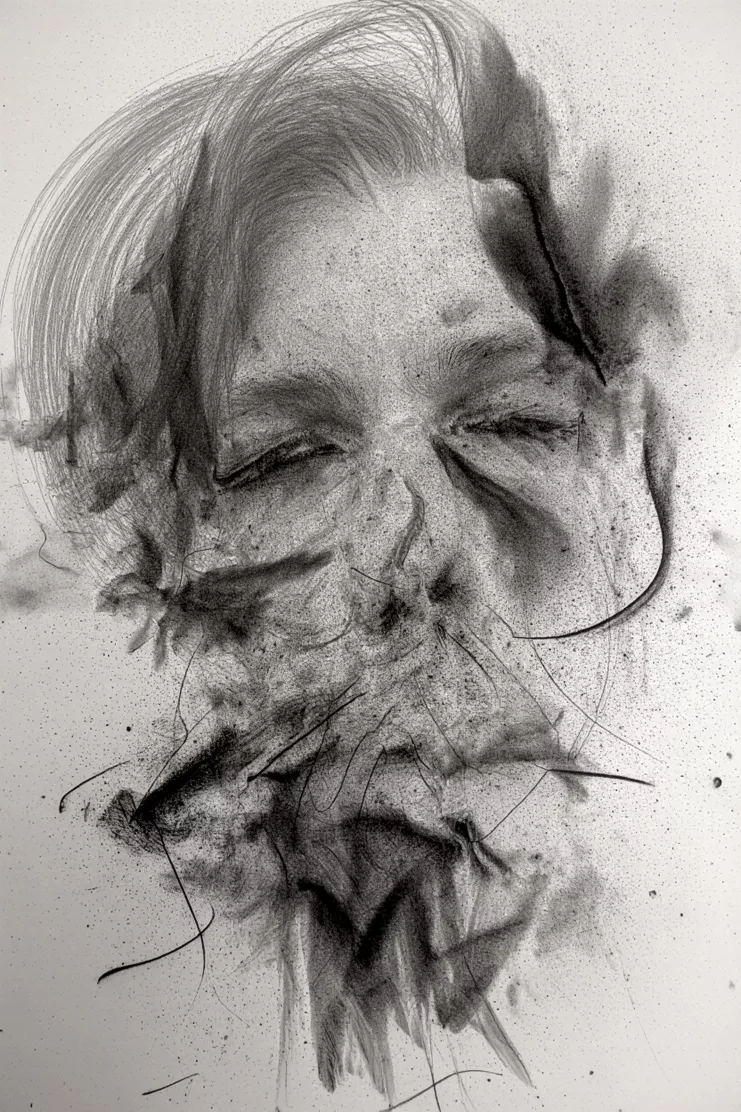 Φίλιππος Τσιτσόπουλος, «Auction of Morality (the impact of the mask on my face)» 2024-2025, κάρβουνο και μολύβι σε Norfolk χαρτί, 100 x 70 εκ.