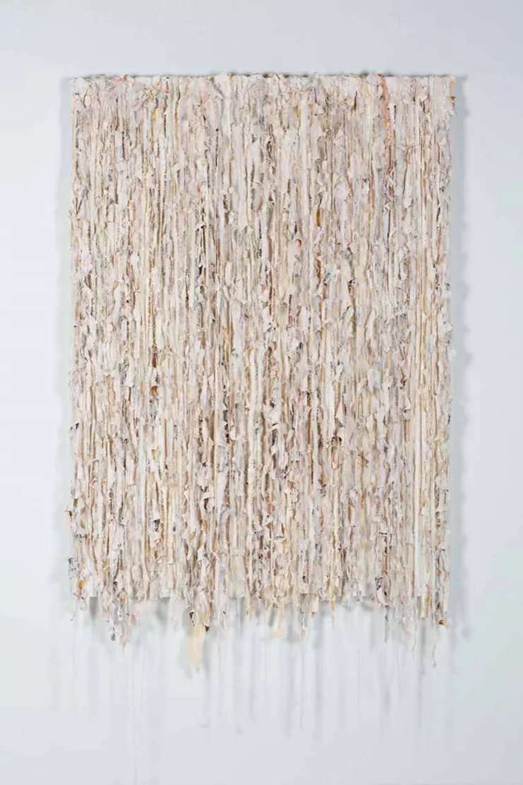 Ευγενία Αποστόλου, Ασκήσεις Αυτοτομίας, 2022. Μελάνι, Λάδι γάζα κόλλα σε καμβά, 150χ110cm