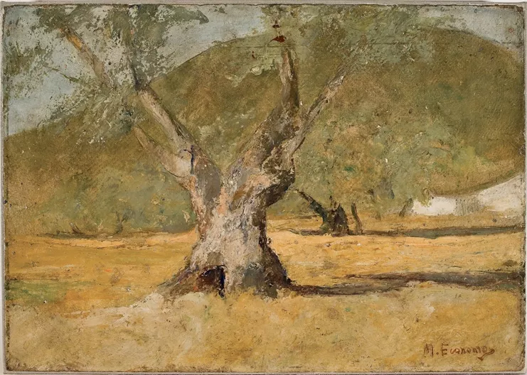 Μιχάλης Οικονόμου, &quot;Ελιές&quot;, 1929, λάδι σε καμβά επικολλημένο σε χαρτόνι, 35,3x49,8 εκ, Ιδιωτική Συλλογή