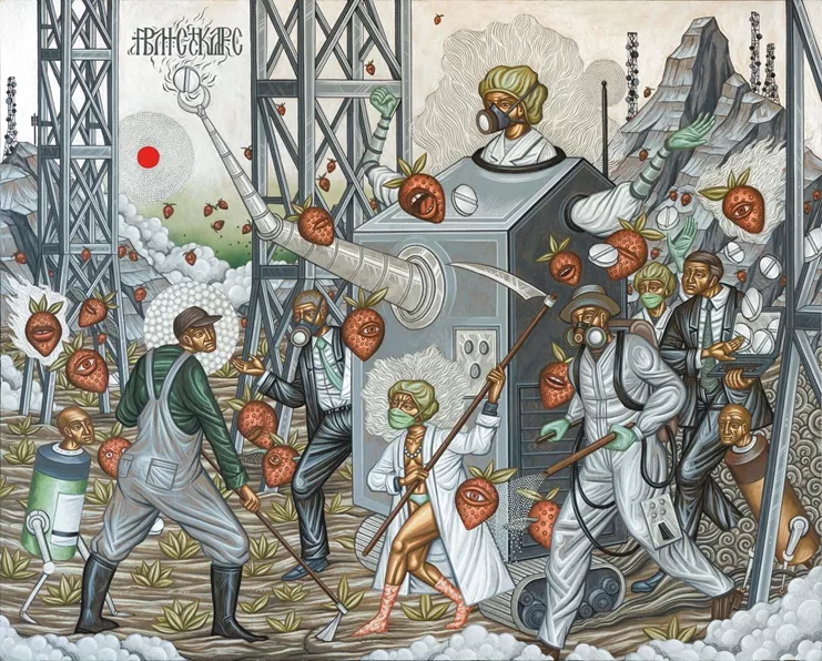 Στέλιος Φαϊτάκης, "For the improvement of Cultivation", 2021. Μικτή τεχνική σε ξύλο, 150x120 εκ. 2021