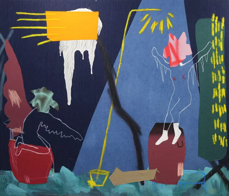 Ανέστης Ιωάννου, &quot;Birds Chorus on Stage&quot;, 180x210cm, acrylics, oil-pastel, oil stick spray-paint, pencil, textiles and denim on deni, 2024