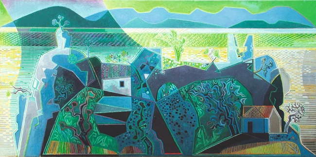 Τοπίο της Ύδρας, 1963-1967. Λάδι σε μουσαμά,107x213 εκ. (Craxton Estate)