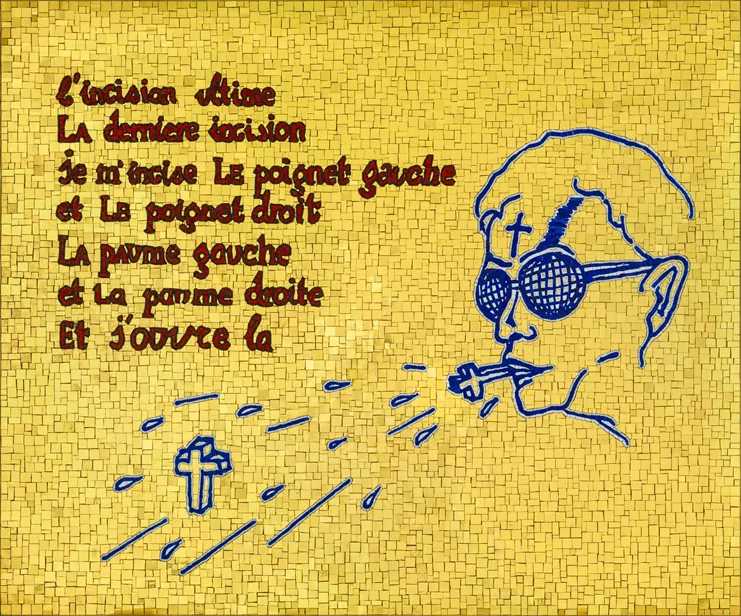 &#39;&#39;The bubble blower of belief&#39;&#39;, 2023. Από τη σειρά: &#39;&#39;I am blood&#39;&#39; (24 kt. gold tiles and smalti, h. 120,5x w. 100,5x d. 2 cm.