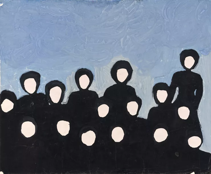 Λευκή Σιλβέστρου, "Χαροκαμένες" [Δ΄ Τάξη Γυμνασίου Φανερωμένης]. Σχέδιο από το ημερολόγιο της Εθνικής Τραπέζης της Ελλάδος για το έτος 1976 με θέμα Πόλεμος και Ειρήνη (Σχέδια παιδιών της Κύπρου) και πρόλογο του Σπύρου Βασιλείου. ΜΙΕΤ, Συλλογή Έργων Τέχνης