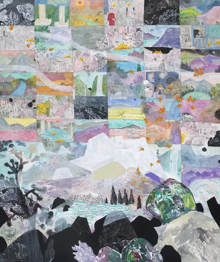 Παρατηρήστε τα τοπία - Remember what people need to do*. Μεικτή τεχνική σε μουσαμά, 190 x 300 εκ.