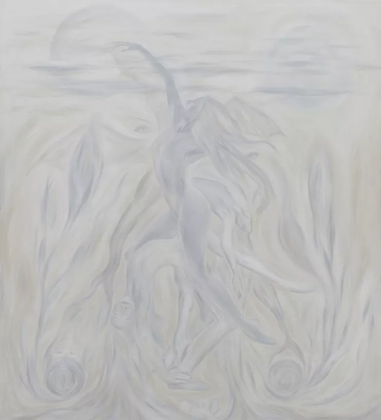 Untitled (She Would Always Turn Around As They Moved Away), 2022,Oil, acrylic gouache on canvas, 100 x 110 cm.