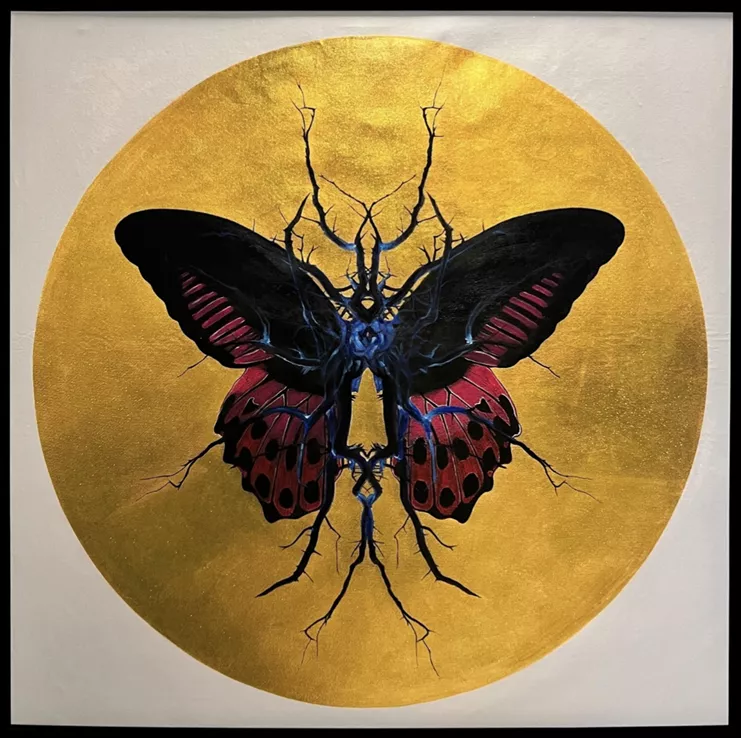 «Therapy Gold», 145x145cm, Mixed media, acrylic paint and glitter on canvas