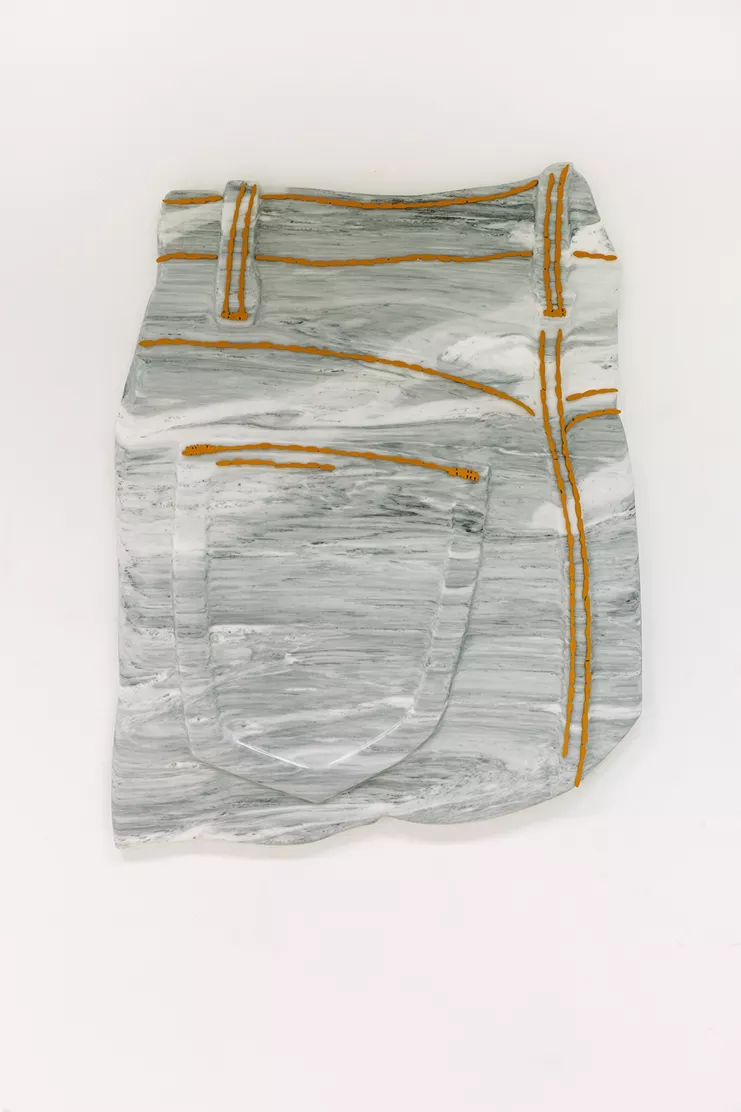 &quot;Νon starter in the hall (Arancio Solare)&quot;, 2021. arble, aluminium, and Lancia car paint, 110 x 91 x 6 cm. Photo by Paris Tavikian Courtesy of the artist &amp; Benrier/Eliades Gallery