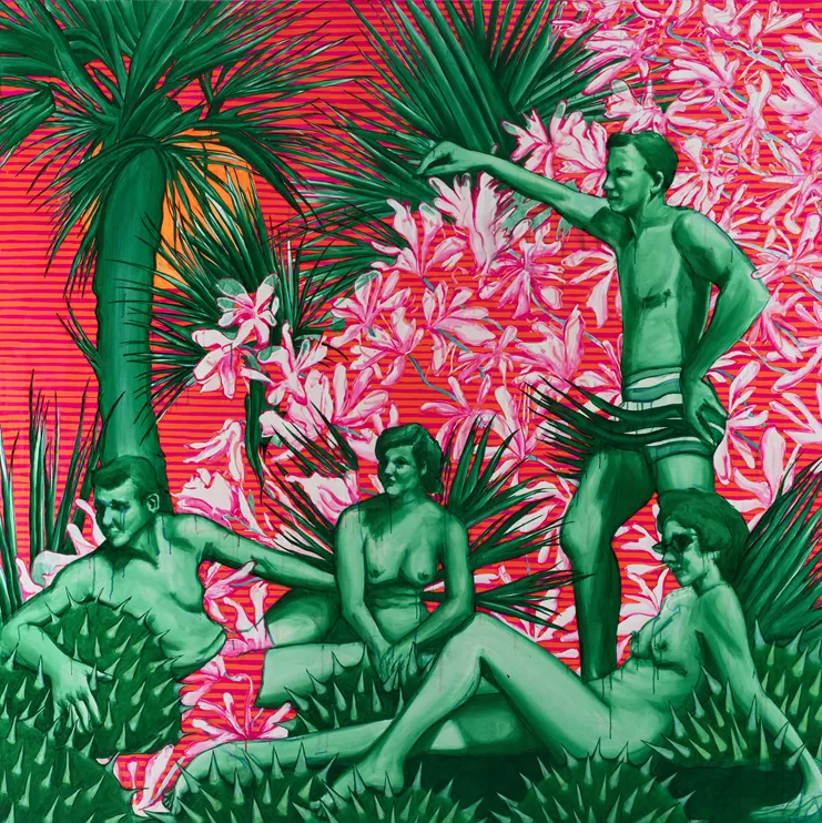 Στέλλα Καπεζάνου, &quot;Sunnylands&quot;, 2024. Oil and acrylic on canvas, 200 × 200 cm (78 × 78 in). Courtesy of the artist