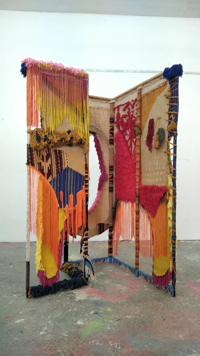 Maro Fasouli, BEHAVIOURAL STRATEGIES, 2022, THREAD, CLOTH, TEXTILES,SPRAY, BAMBOO, 110 X 120 X 180 CM. Alibi Gallery