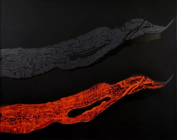 Τόνια Νικολαΐδη, &quot;Από τη φωτιά στη στάχτη&quot;, ξυλογραφία, μικτή τεχνική