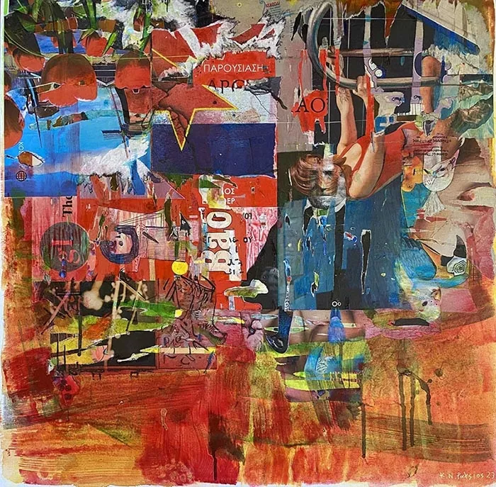 Konstantinos Patsios, Arthur had a dream, 80x80cm, painting and collage on canvas, 2023
