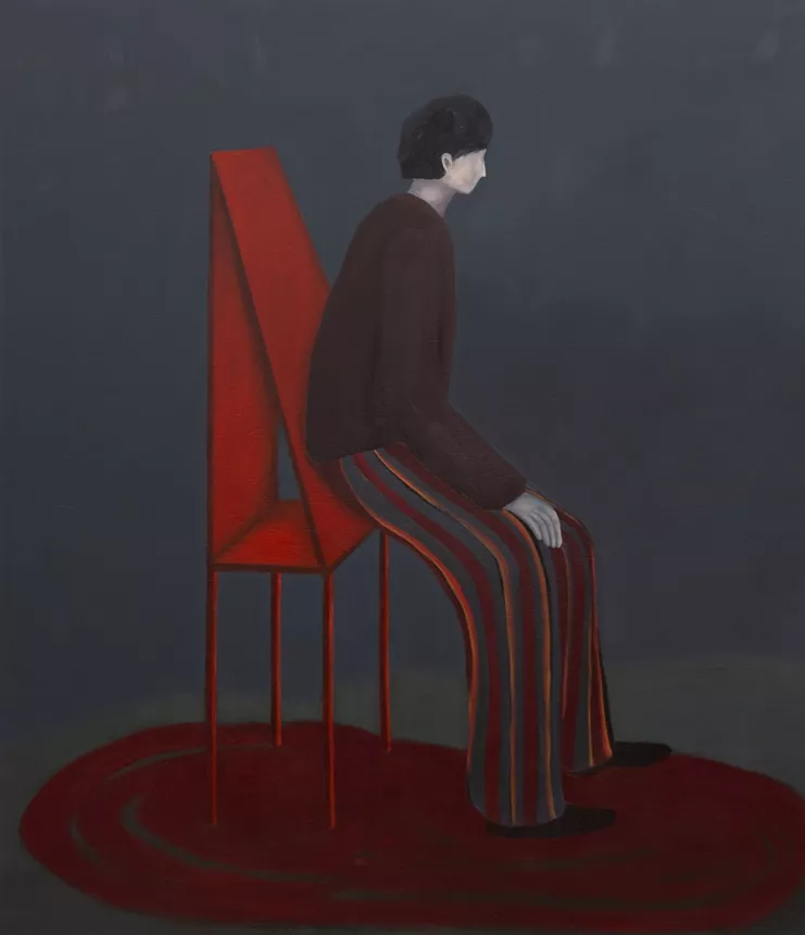 Lyn Liu, «Disturbance - triangle chair», 2023, oil on linen, 152.4 x 177.8 cm. Παραχώρηση: η καλλιτέχνις, Kasmin &amp; The Breeder.