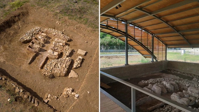 Ο κεραμικός κλίβανος στον αρχαιολογικό χώρο Ευρωπού πριν και μετά την τοποθέτηση στεγάστρου.